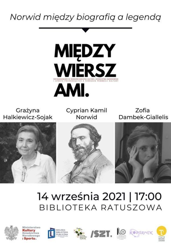 plakat reklamujący spotkanie literackie z cyklu Między wierszami:Norwid między biografią a legendą. organizowanym w Bibliotece Ratuszowej