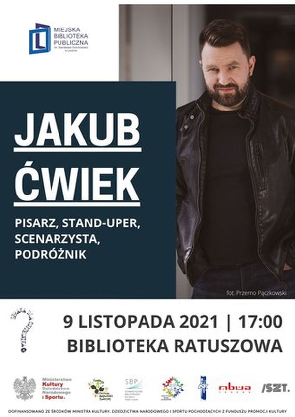 Plakat informujący o spotkaniu z Jakubem Ćwiekiem w Bibliotece Ratuszowej