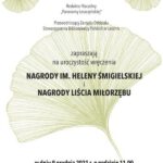 Plakat zapraszający na uroczystości wręczenia Nagród im. Heleny Śmigielskiej i Liścia Miłorzębu, które odbędą się 9 listopada, o godzinie 11.00, w Bibliotece Ratuszowej.