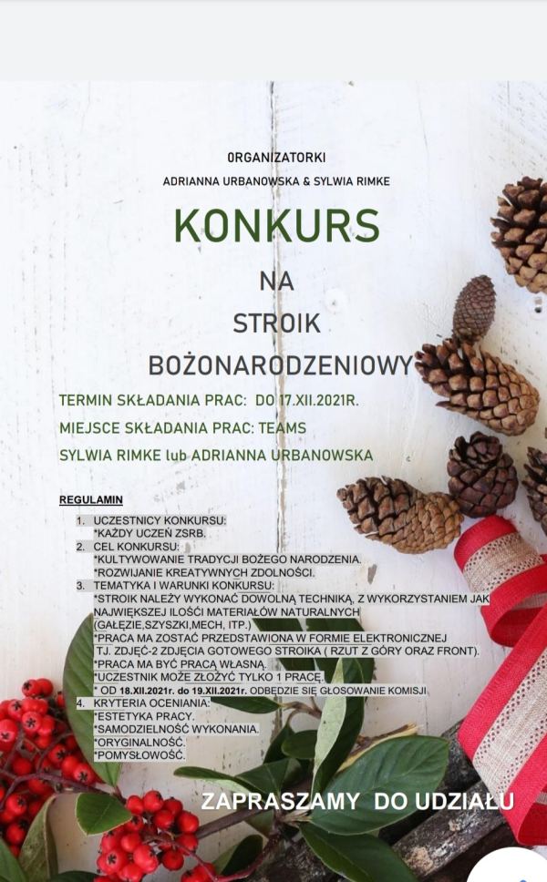 Plakat dotyczący konkursu na Stroik Bożonarodzeniowy, zawiera podstawowe informacje o konkursie i regulamin