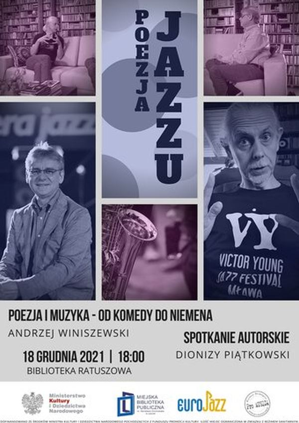 Plakat informujący o imprezie kulturalnej "Poezja i muzyka - od Komedy do Niemena" organizowanej przez MBP 18 grudnia 2021 o godz. 18 w Bibliotece Ratuszowej.
