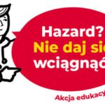 Logo akcji edukacyjnej KAS. Na rysunku człowiek wskazujący na napis "Hazard ? Nie daj się wciągnąć"c