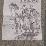 Na zdjęciu plakat - praca konkursowa przedstawiająca 2 żołnierzy i chłopca prowadzącego konia