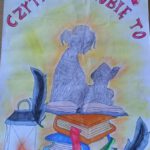 Plakat na konkurs Czytanie- lubię to - na książkach siedzi dziewczyna i czyta