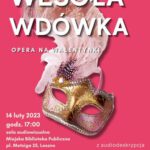Plakat informujący o operze na Walentynki Wesoła wdówka - na różowym tle maska