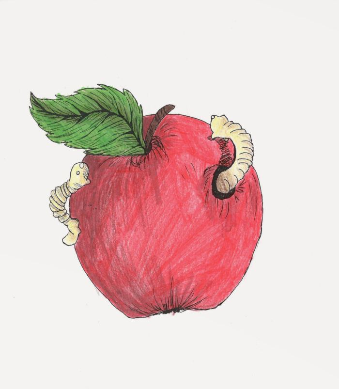 Na rysunku czerwone jabłko z robakiem w środku